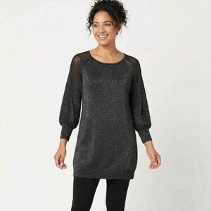 Eileen Fisher Merino Wool Metallic Blend Tunic Sweater Top Women’s Size M Black